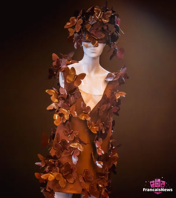 salon du chocolat 2026 : robe ornée de papillons en chocolat exposée au salon à Paris