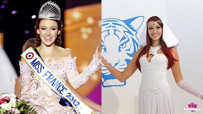 Portrait de Delphine Wespiser, ancienne Miss France 2012, lors d'une apparition publique.