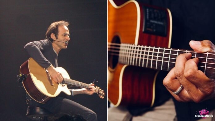 Jean-Jacques Goldman sur scène avec sa guitare, collage photo