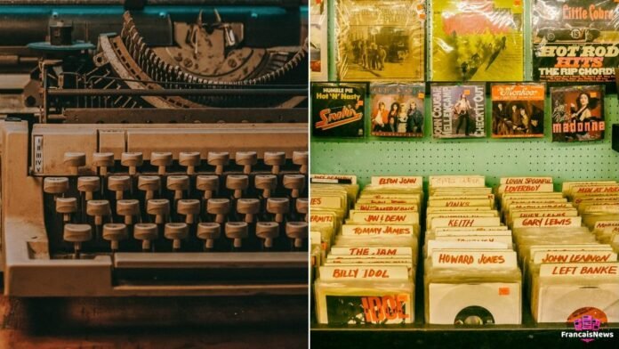 Vline Buggy biographie : machine à écrire vintage et disques vinyles, photos d'illustration