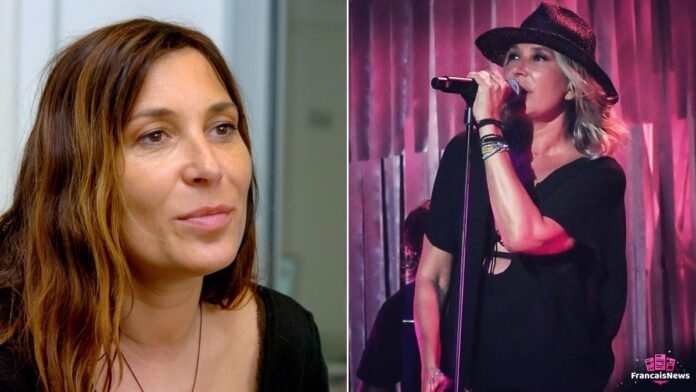 Zazie en portrait rapproché et sur scène avec un chapeau, micro en main