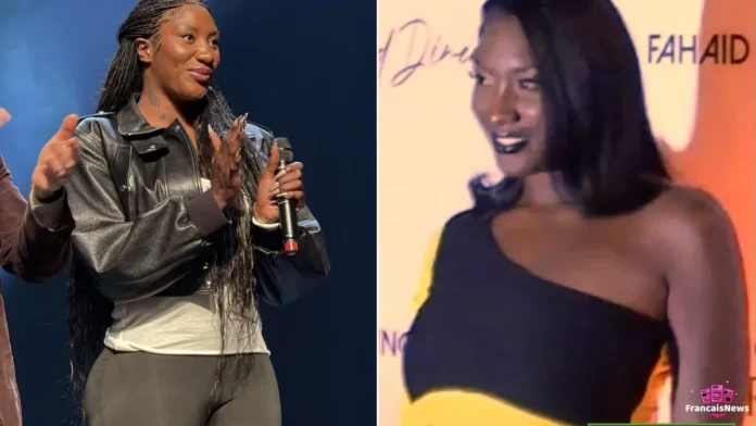aya nakamura sur scène micro en main et en portrait souriant en robe noire et jaune