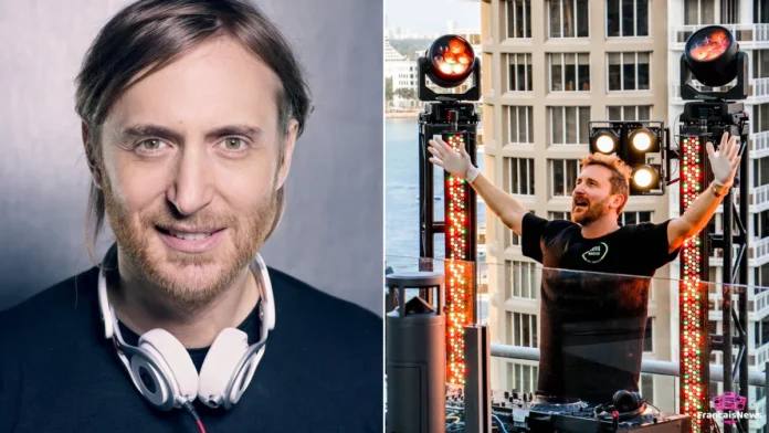 david guetta en portrait avec un casque autour du cou et en concert lors d'un set en plein air à Miami