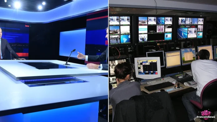 faustine bollaert côté plateau et côté régie, un studio de télévision française et ses écrans de contrôle