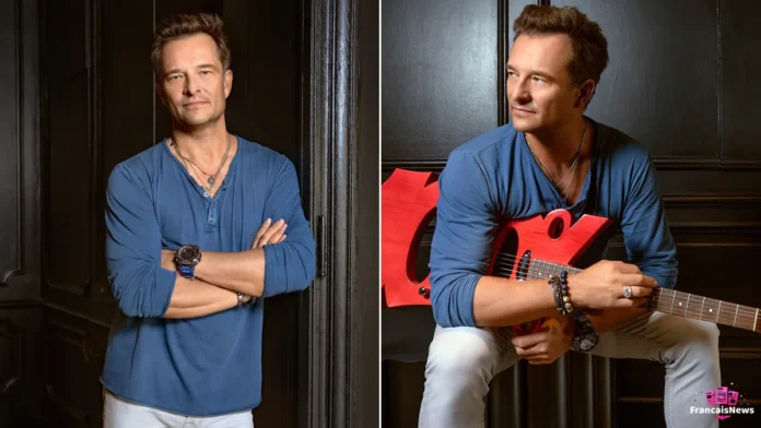 david hallyday en deux photos, portrait bras croisés et guitare rouge à la main