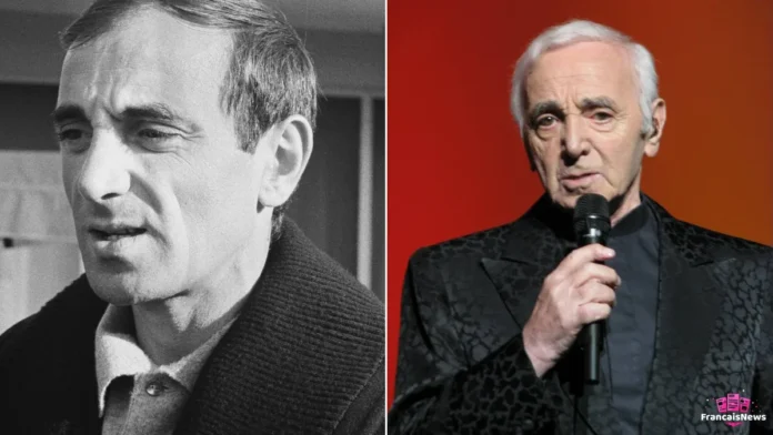 charles aznavour en portrait en 1963 et sur scène micro à la main en 2014
