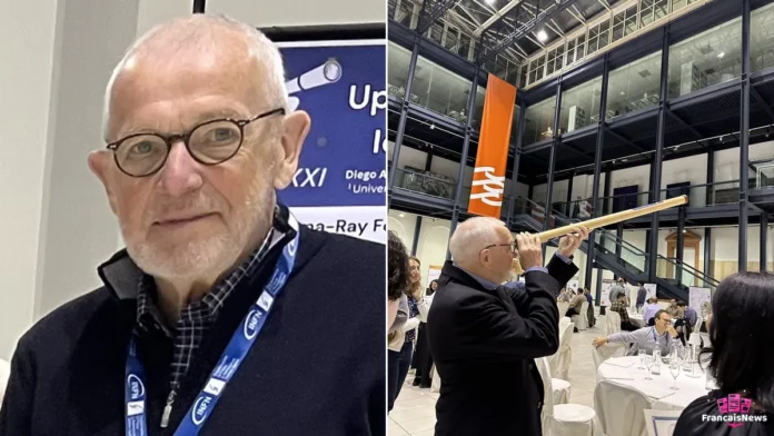 francis halzen en portrait en 2025 et regardant dans une réplique de la lunette de Galilée à Padoue