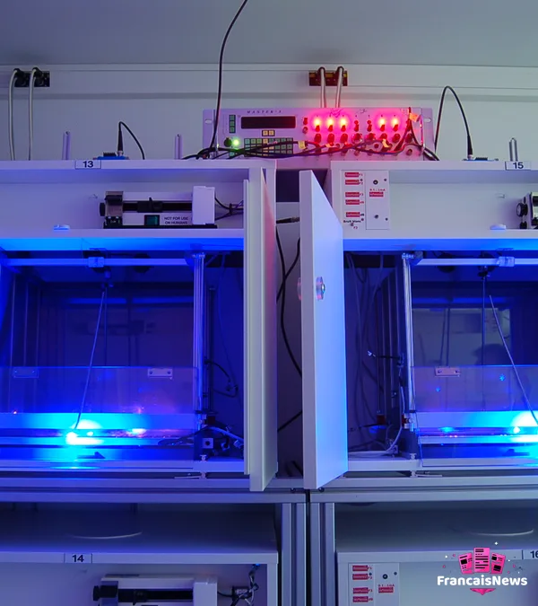 peter hegemann et l'optogénétique en pratique, des enceintes de laboratoire éclairées en lumière bleue